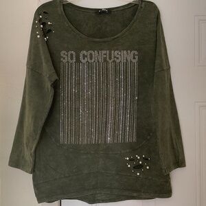 Green Cotton Faux Pearl Decor With Silver Metallic Woman Top Size US M